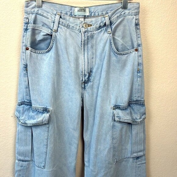 Agolde Minka Jeans Wide Leg High Rise Cargo Pockets Light Wash Denim 27 - Picture 4 of 11